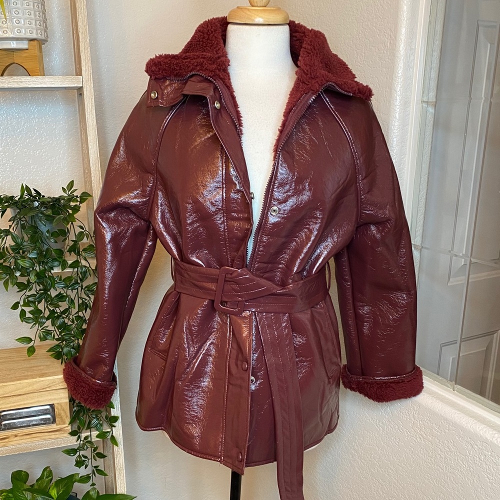 🆕J.O.A Faux Fur Lined tie waist coat in burgundy - Picture 6 of 15